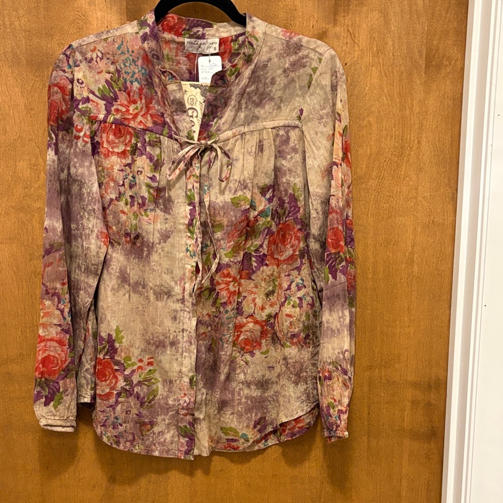 536. Vintage Goa Boho Floral Tie-Neck Blouse - Purple & Pink